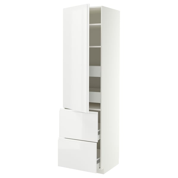 METOD / MAXIMERA Högsk m hllpln/4 lådor/dörr/2 frntr, vit/VOXTORP högglans vit vertikalt handtag, 60x60x220 cm