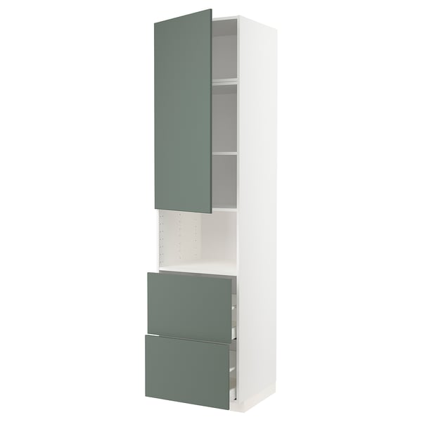 IKEA METOD köksmöbel med grågröna lådor och hyllor.