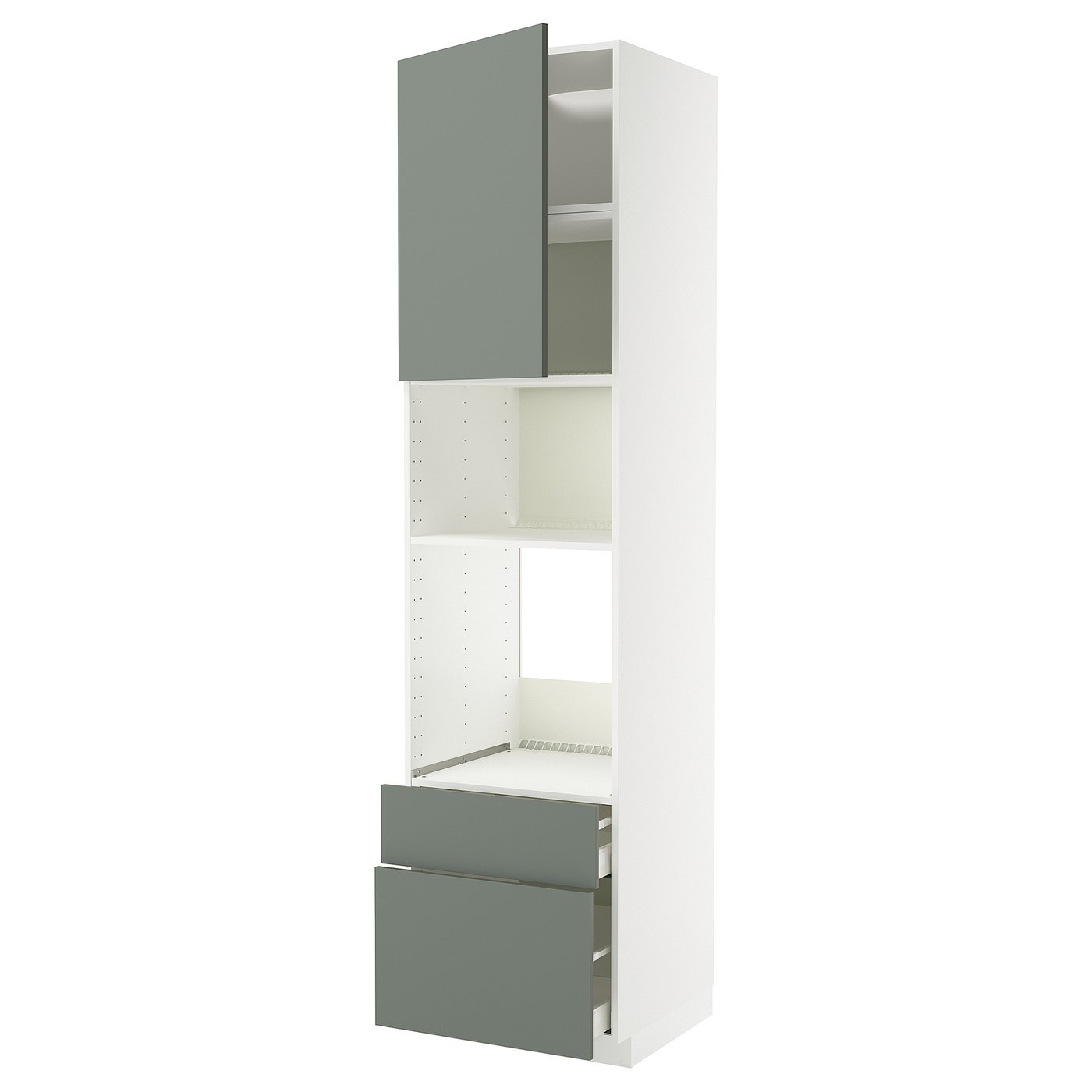 IKEA METOD / MAXIMERA högskåp f ugn/mikro m dörr/2 lådor, vit/nickebo matt grågrön, 60x60x240 cm