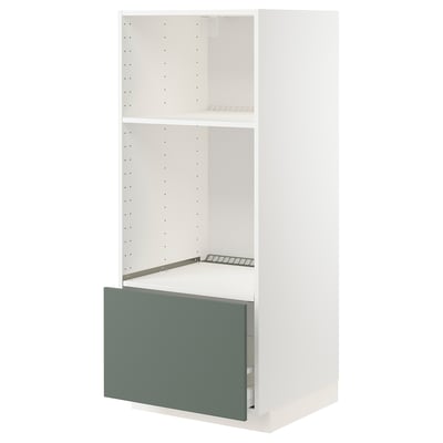 METOD köksbänk i vitt med grågrön låda, modern design.