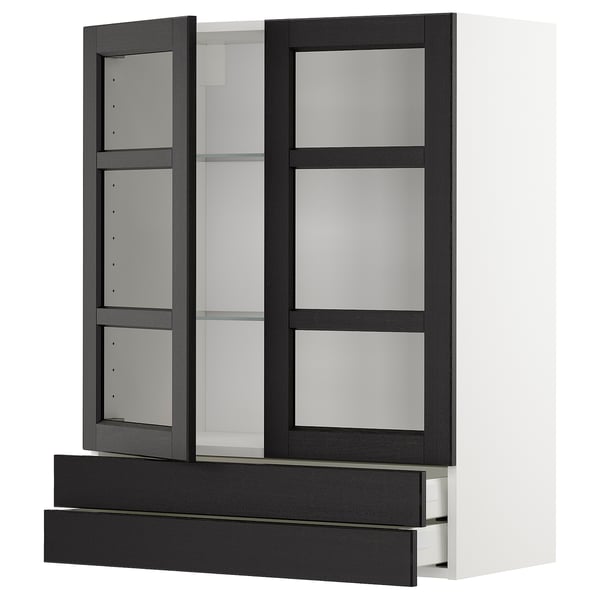 METOD / MAXIMERA Väggskåp m 2 vitrindörrar/2 lådor - vit/Lerhyttan svartlaserad 80x100 cm