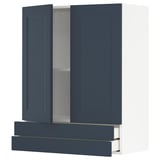 Avbildar ett mörkblått METOD köksskåp med två dörrar och två lådor, med modern design.