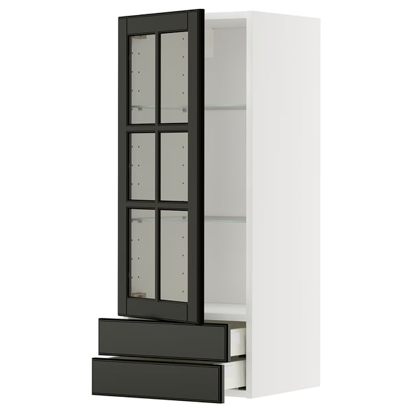 METOD / MAXIMERA Väggskåp med vitrindörr/2 lådor - vit/Bodbyn svart 40x100 cm