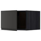 Svart köksskåp med öppen dörr, modern design, mörk träfinish.