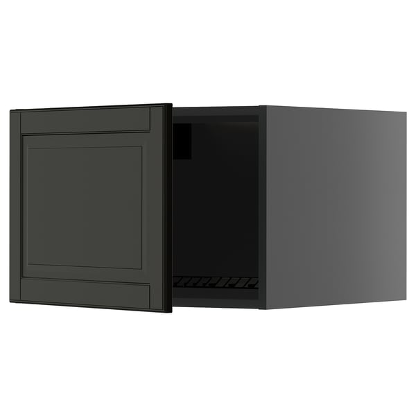 Svart METOD köksskåp med en öppen dörr, mörkgrå färg, rektangulär form, modern design.