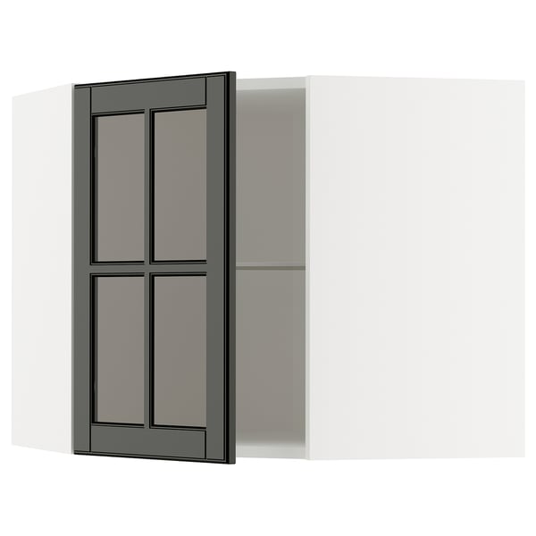 METOD Vägghörnskåp m hyllplan/vitrindörr - vit/Bodbyn svart 68x60 cm