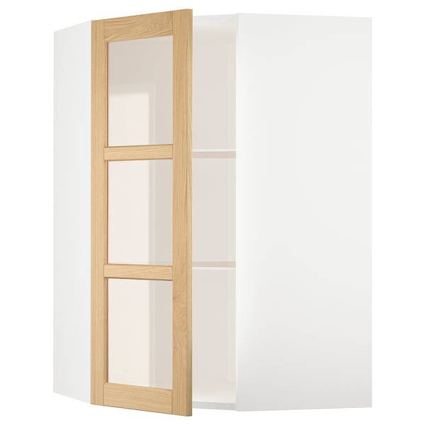 METOD Vägghörnskåp m hyllplan/vitrindörr - vit/Forsbacka ek 68x100 cm
