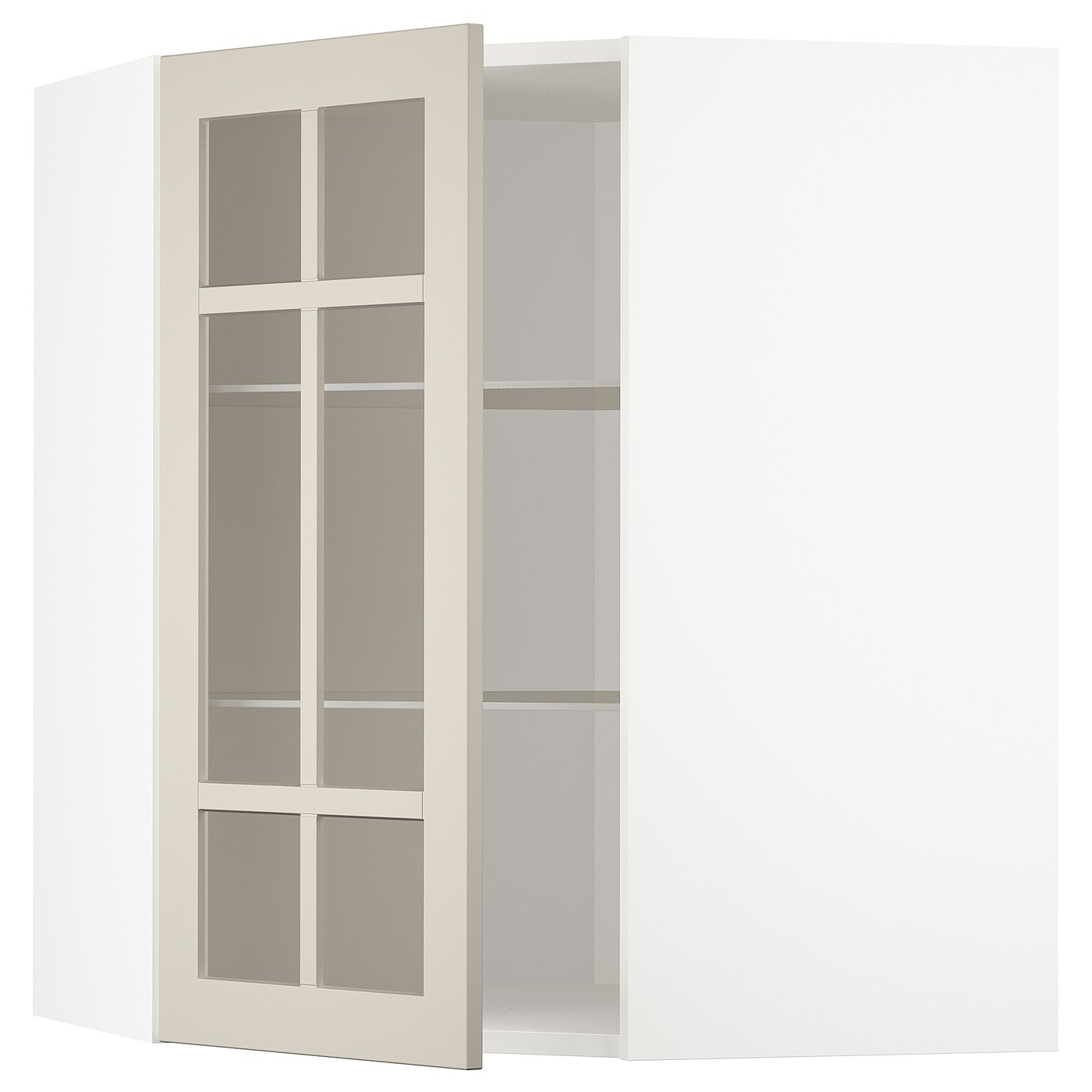 IKEA METOD vägghörnskåp m hyllplan/vitrindörr, vit/stensund beige, 68x80 cm