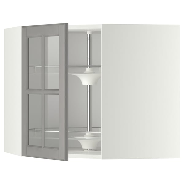 METOD Vägghörnskåp m karusell/vitrindörr - vit/Bodbyn grå 68x60 cm