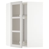 Öppen vit hörnköksdel med glasdörrar, justerbara hyllor inuti, modern design.