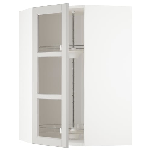 Öppen vit hörnköksdel med glasdörrar, justerbara hyllor inuti, modern design.