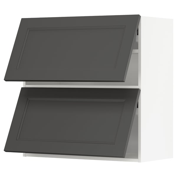 Den här bilden visar två mörkgrå köksskåp, det ena ovanpå det andra, med en modern design med släta ytor och rektangulära former.