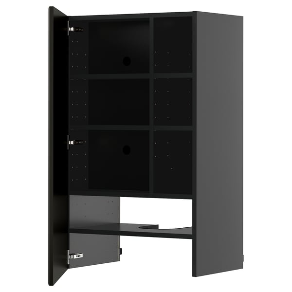Ett modernt, stilrent METOD köksskåp i svart med en elegant finish. Det finns flera hyllor inuti och dörrar som kan installeras på båda sidor.