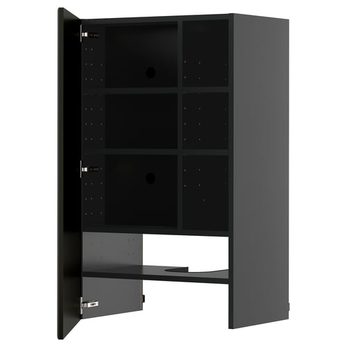 Ett modernt, stilrent METOD köksskåp i svart med en elegant finish. Det finns flera hyllor inuti och dörrar som kan installeras på båda sidor.