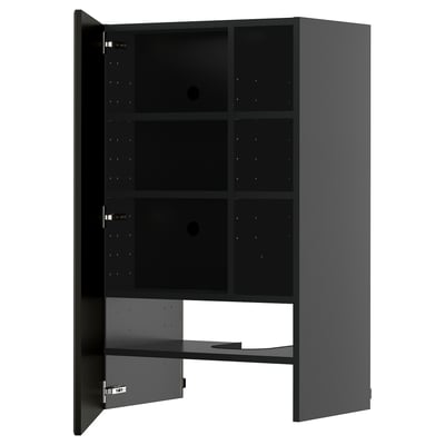 Ett modernt, stilrent METOD köksskåp i svart med en elegant finish. Det finns flera hyllor inuti och dörrar som kan installeras på båda sidor.