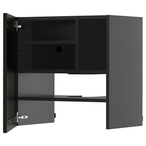 Svart köksskåp med två öppna dörrar som avslöjar hyllorna. Modern design, gångjärn i metall, justerbara hyllor och en robust ram.