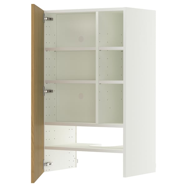 Ett vitt METOD-skåp med en ekdörr, med tre hyllor inuti. Designen är modern och minimalistisk.