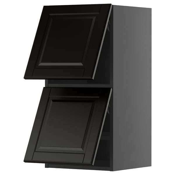 Modernt svart köksskåp med två dörrar, elegant design, grå kropp, metalliska beslag.