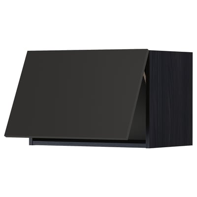 Svart modernt köksskåp med elegant design och mörk träfinish.