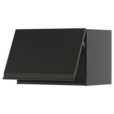 Svart modernt köksskåp, elegant matt finish, rektangulär form, handtagslös design.