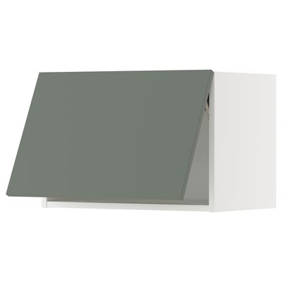 Modernt grågrönt köksskåp, kantig design, gångjärn i metall, elegant finish.