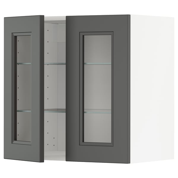 Mörkgrå skåpdisplay, METOD, glashyllor, fyrkantig form, modern/traditionell design.