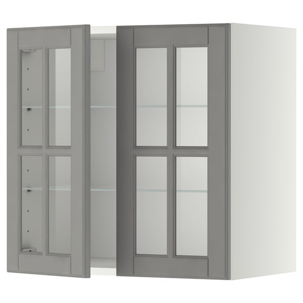 METOD Väggskåp m hyllplan/2 vitrindörrar - vit/Bodbyn grå 60x60 cm