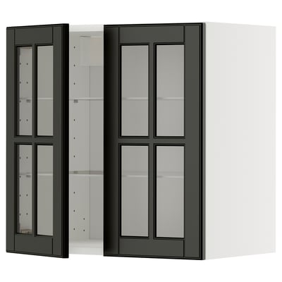 Skåp med mörk glasfront, vita sidor, tre synliga hyllor, elegant modern design.