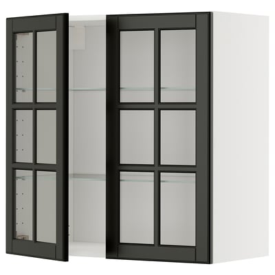 Modernt svart köksskåp med glasdörrar, elegant design.