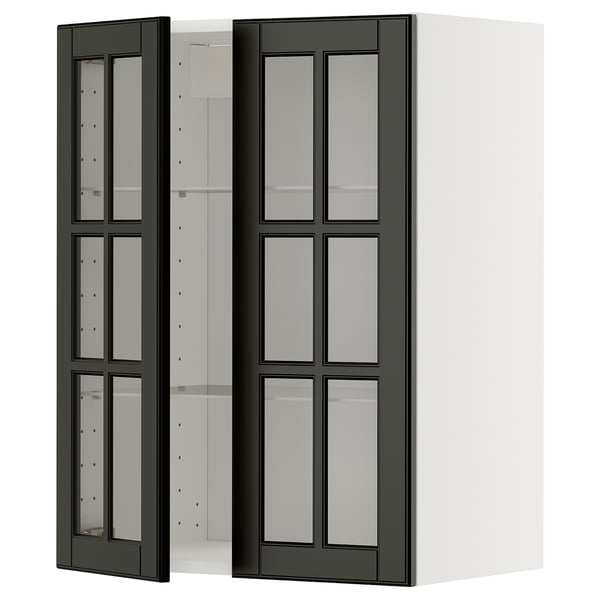 METOD Väggskåp m hyllplan/2 vitrindörrar - vit/Bodbyn svart 60x80 cm