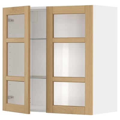 Väggskåp med träram och glasdörrar, ljus ek, rektangulär, modern design.