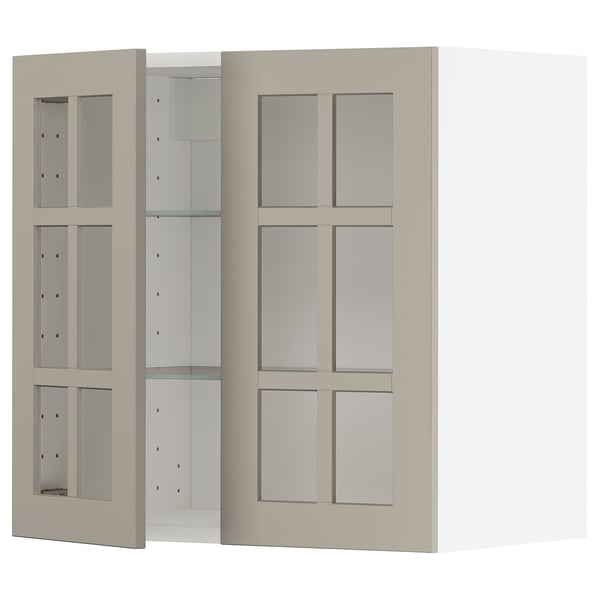 METOD Väggskåp m hyllplan/2 vitrindörrar - vit/Stensund beige 60x60 cm