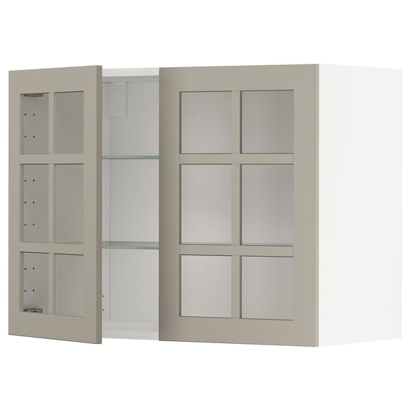 METOD Väggskåp m hyllplan/2 vitrindörrar - vit/Stensund beige 80x60 cm