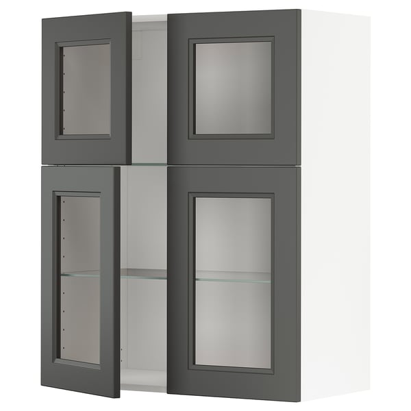 Ett mörkgrått IKEA METOD köksskåp med glasdörrar. Den har en modern design med fyrkantiga former och justerbara hyllor.