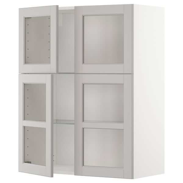 METOD Väggskåp m hyllplan/4 vitrindörrar - vit/Lerhyttan ljusgrå 80x100 cm
