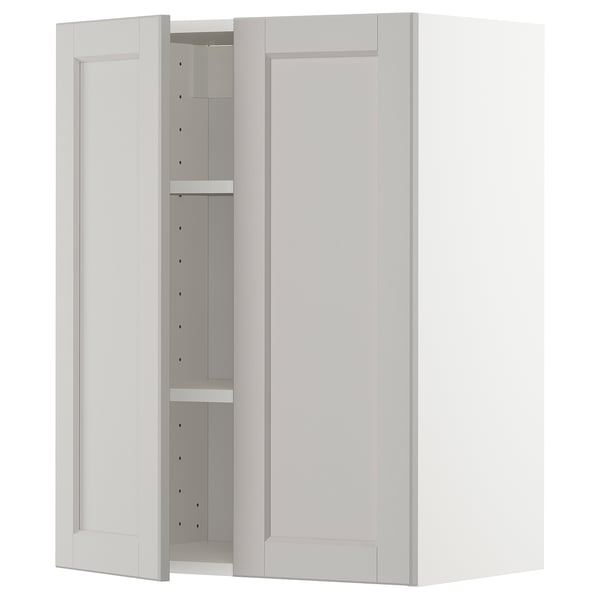 METOD Väggskåp med hyllplan/2 dörrar - vit/Lerhyttan ljusgrå 60x80 cm