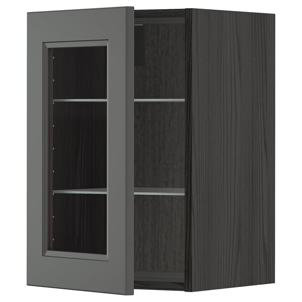 Modernt svart köksskåp med glasdörr, justerbara hyllor, elegant design.