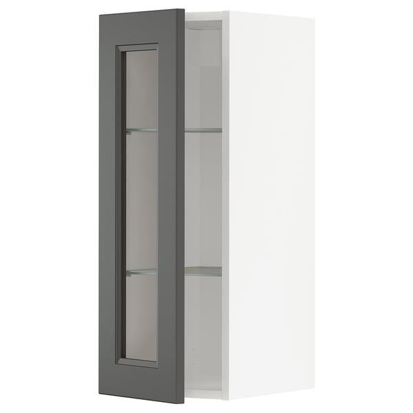 Modernt grått vitrinskåp, slimmad design, två glashyllor, perfekt för kök eller badrum.