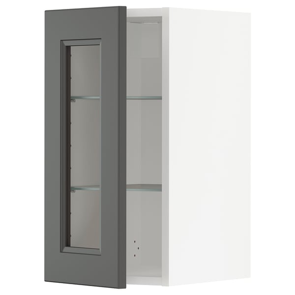 Modernt grått köksskåp med glasdörr, justerbar hylla, fyrkantig design.