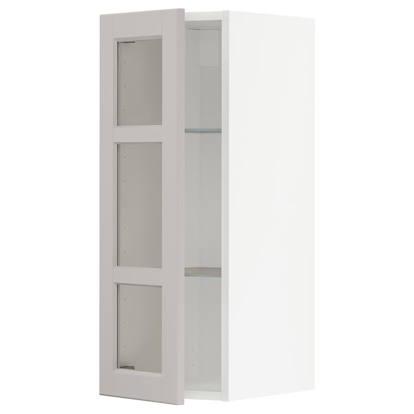 METOD Väggskåp med hyllplan/vitrindörr - vit/Lerhyttan ljusgrå 30x80 cm