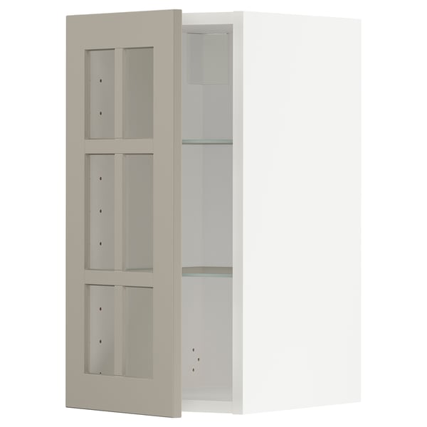 METOD Väggskåp med hyllplan/vitrindörr - vit/Stensund beige 30x60 cm