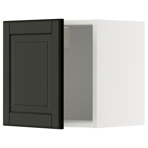 Svart fasad låda, vitt skåp, fyrkantig design.