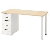 Skrivbordet MITTCIRKEL har en skiva i ljust trä, vita lådor och metallben för ett elegant, modernt utseende.