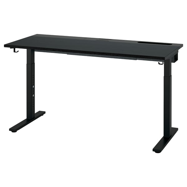 Skrivbordet MITTZON, svart, rektangulärt, justerbar höjd, modern design med kabelhantering och krokar.