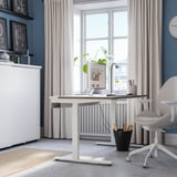 Hemmakontor: MITTZON skrivbord, stol, grå matta, fönster, växt, dator.