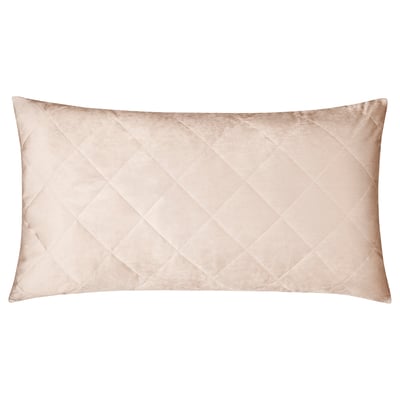 Beige sammetskudde, mjuk och lyxig, diamantmönster, rektangulär form, dragkedja.