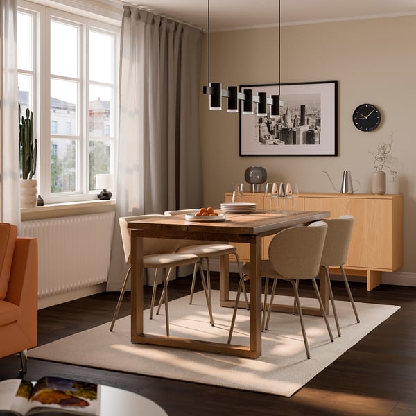 MÖRBYLÅNGA / KRYLBO Bord och 4 stolar, ekfaner brunlaserad/Tonerud mörkbeige, 140x85 cm