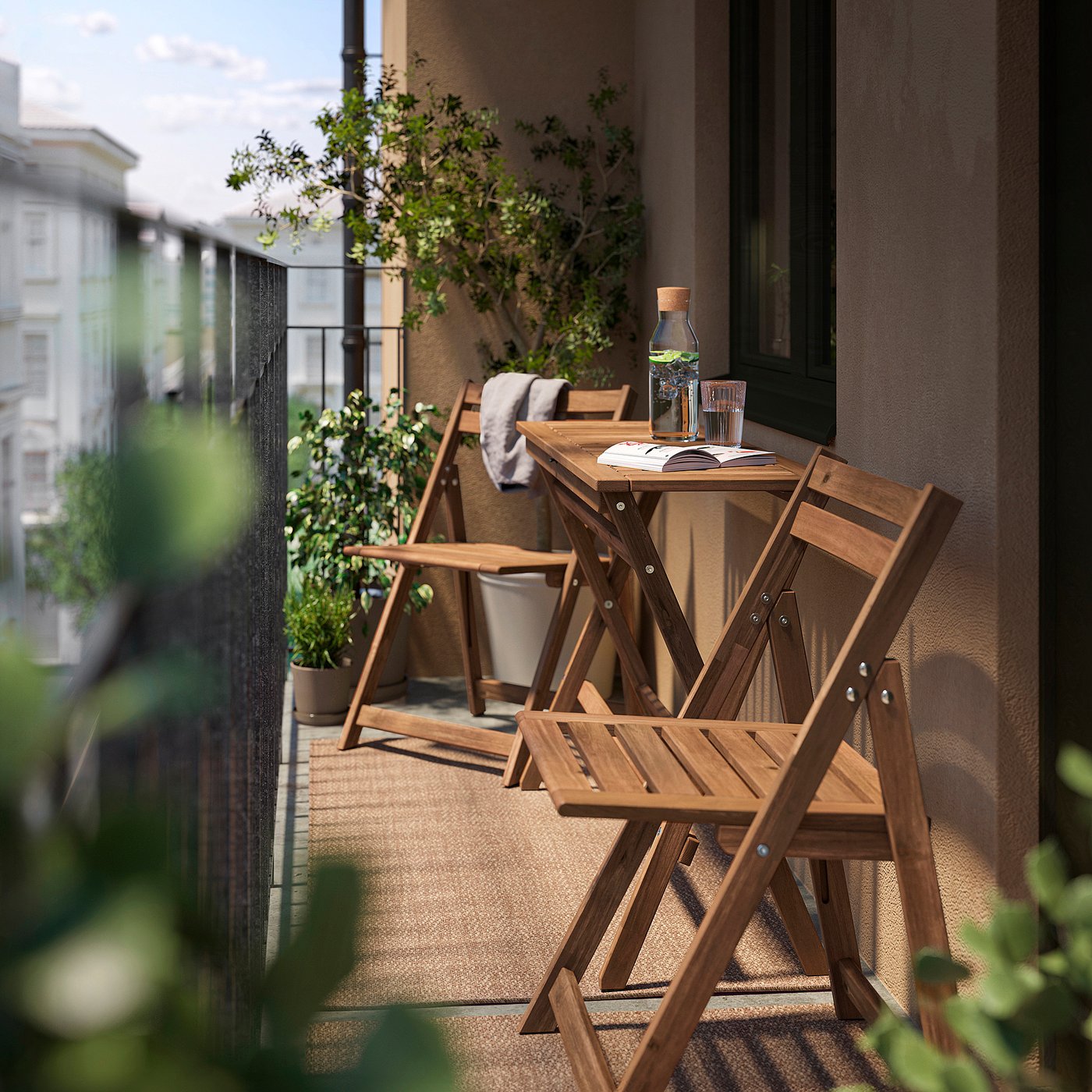 IKEA NÄMMARÖ bord och 2 klappstolar, utomhus, fällbart ljusbrunlaserad, 108x37 cm