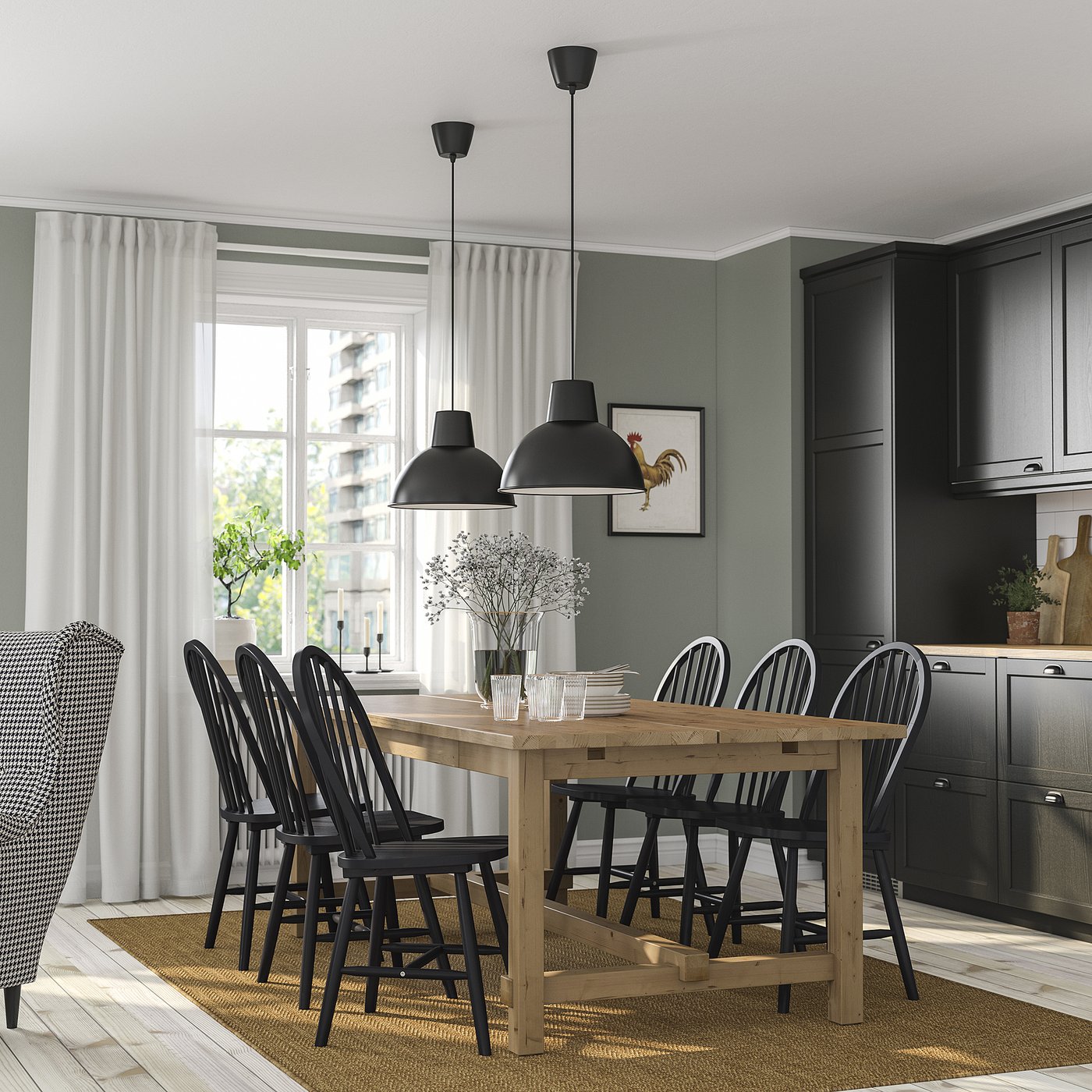 IKEA NORDVIKEN / SKOGSTA bord och 6 stolar, antikbets/svart, 210/289 cm
