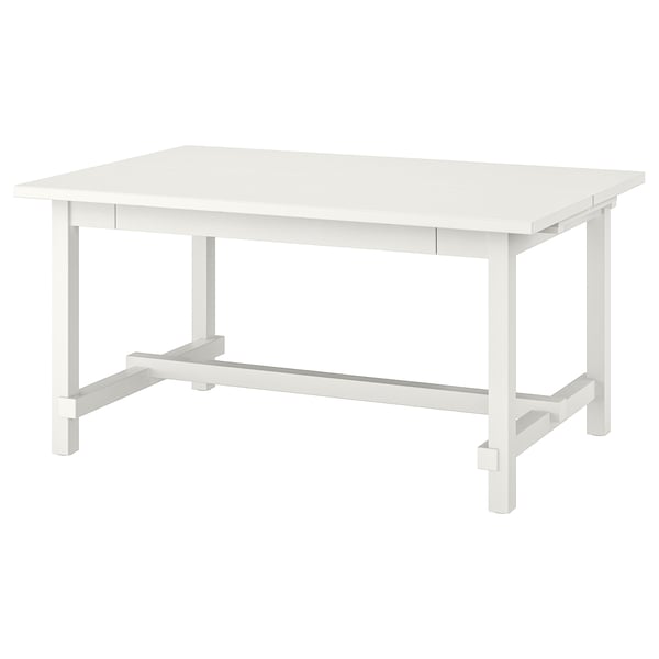 NORDVIKEN matbord i vitt trä. Rektangulär, robust design med utdragbara iläggsskivor för extra sittplatser.